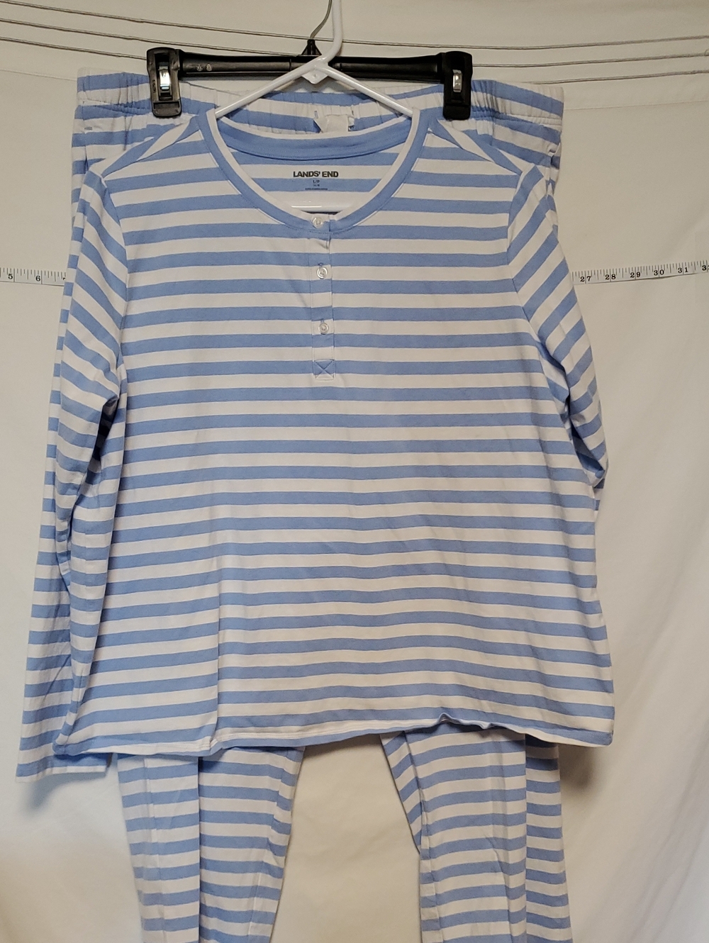 Lands End Womens Pajamas Blue White Stripe Pants Long Sleeve Shirt Lg Petite